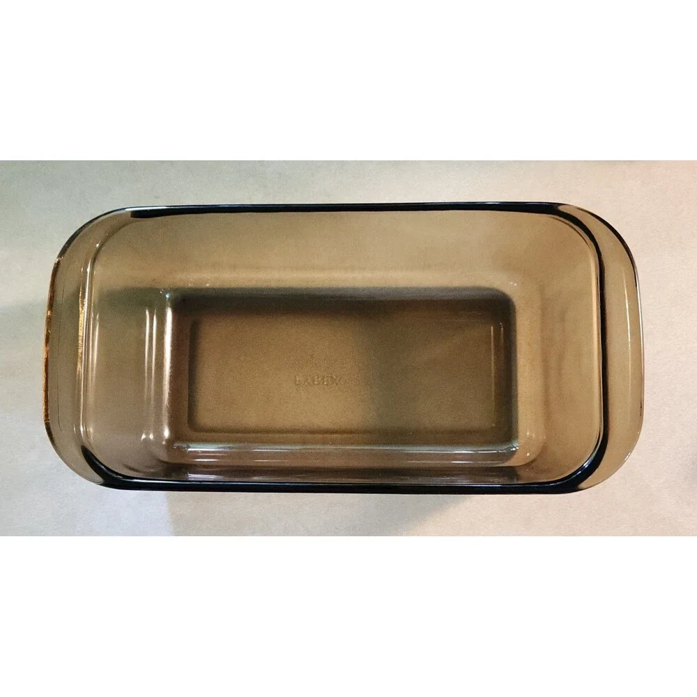 Vintage 80's Pyrex Amber Glass Loaf Pan  w/ Decorative Metal Carrier #213